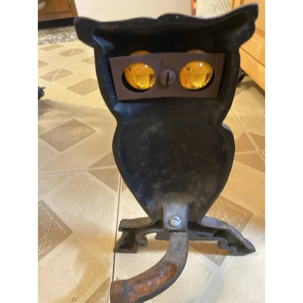Antique Vintage Brass Owl Andirons Fireplace Amber Glass Eyes‎ 13